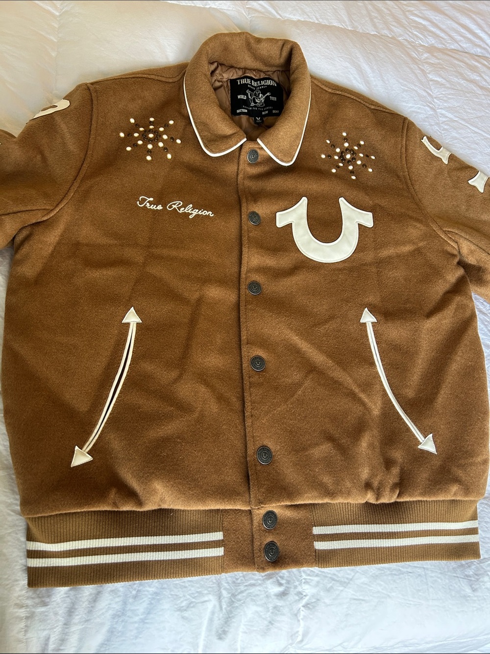 True Religion Brown Wool Varsity Jacket with White Appliqué Accents